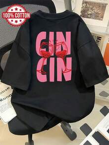 1 Pcs Elegant Casual 100% Cotton Short Sleeve T-Shirt, Bold Cin Cin Cheers Wine Cup Graphic, Women Airport Street Daily Wear - Noir - Voir 3