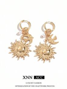 1 par de pendientes con colgante de sol, diseño de nicho retro de moda con estrella & pájaro en capas, joyería de oreja exagerada, adecuado para el uso diario de las mujeres - Dorado - Ver 5