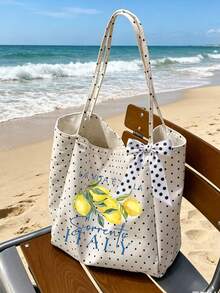 "Lemon Sorrento Italy" Pattern White Polka Dot Beach Tote Bag Set With Bow Ribbon, Large Capacity Foldable, Can Be Used As Shopping Bag, Travel Bag, Commuter Bag, Ideal For Beach Trips, Pool Parties, Shopping And Daily Use, Suitable For Women, Travelers And Beach Lovers, Perfect For Spring Break, Easter, Vacation And Gifts, Can Be Used As Beach Bag, Shopping Bag And Travel Companion - Multicolor - View 13