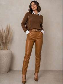Women's Faux Leather Pants With Belt, Skinny/Straight, High Waist, Winter Leather Pants. - 駝色 - 查看 1