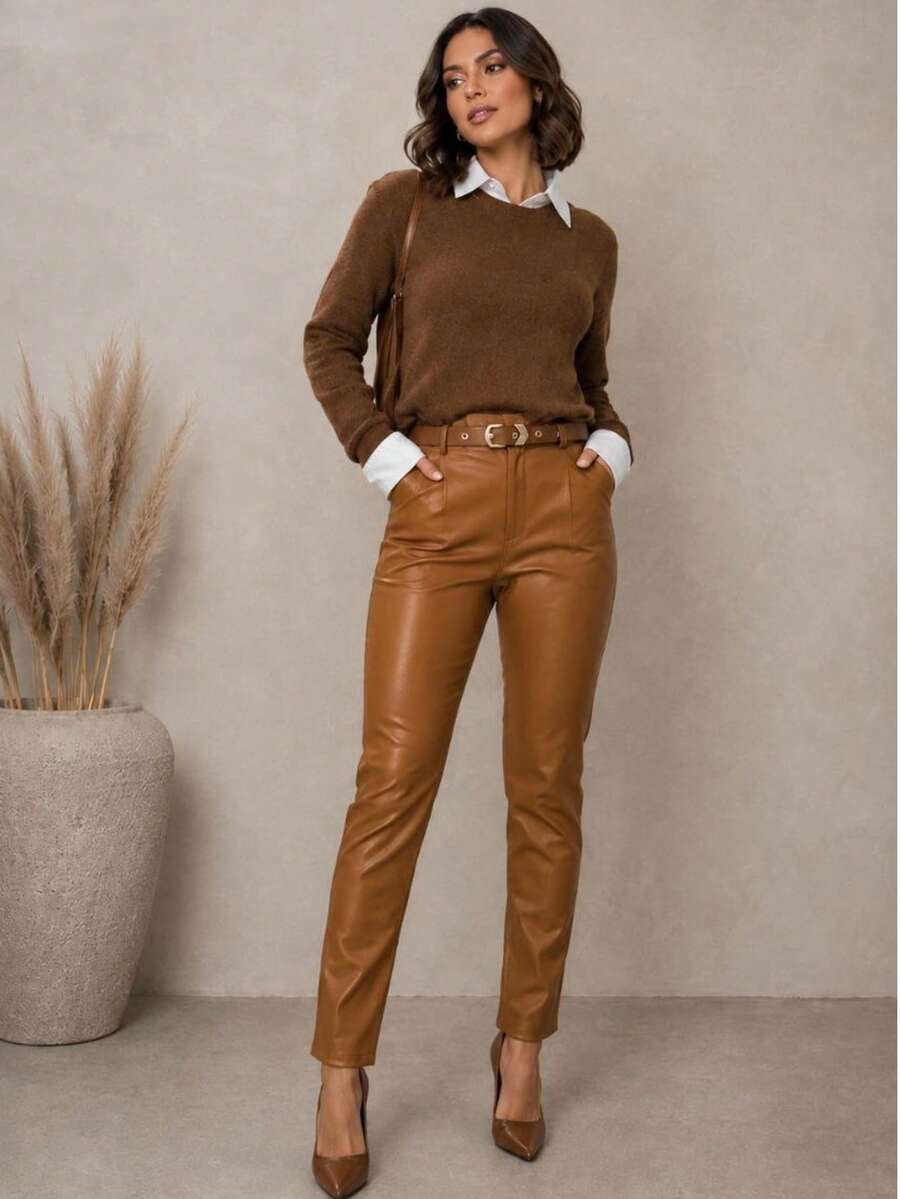 Women's Faux Leather Pants With Belt, Skinny/Straight, High Waist, Winter Leather Pants. - 駝色 - 查看 1