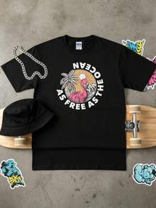 Retro Casual Street Style Men's T-Shirt With Flamingo, Palm Tree, And Ocean Print. Made Of 180g Pure Cotton With A Crew Neck. Perfect For Summer Beach Outfits. - Black - View 3