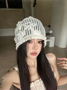 French Style 3D Floral Hollow Out Bucket Hat, Summer Breathable Thin Mesh Knit Slouchy Beanie, Face-Slimming Fisherman Cold Weather Hat - Flower Openwork Hat - View 7