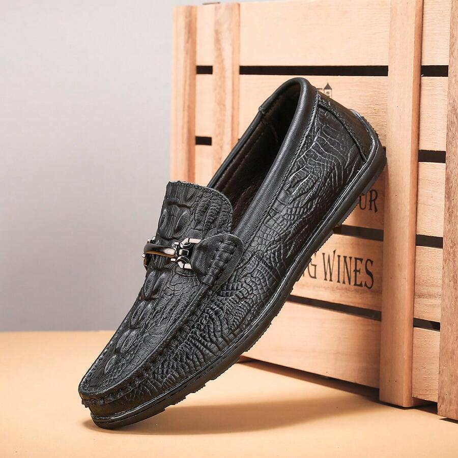 Spring Summer Men Loafers Genuine Leather Slip On Casual Shoes Crocodile Texture British Style - 2066黑色 - 查看 1