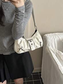 腋下肩背包復古包，法棍包適用於日常收納錢包手機旅行必需品輕量褶皺肩背包女款 - 白色 - 查看 5