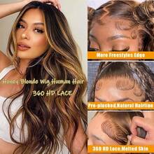Honey Blonde 360 Full Lace Front Wigs Human Hair 4/30 Highlight Ombre Glueless Wig With Invisible Drawstring Body Wave Lace Front Wigs For Women Pre Plucked 13x4 HD Colored Human Hair Wig - S4/27 - 查看 3