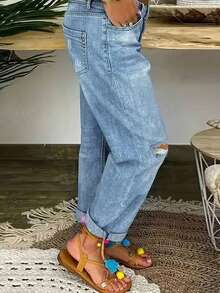 Jeans de pierna recta con cierre de un solo botón, desgastados y con dobladillo enrollado, casual para primavera y otoño - Lavado ligero - Ver 5