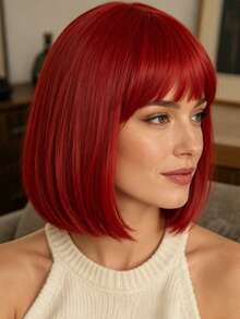 Elegant Red Women's Wig, 12 Inch Short Straight Hair With Bangs, Natural Style, Fashionable And Versatile, Fluffy And Comfortable, Suitable For Daily Wear, Parties, Balls, Carnivals And Other Occasions,Halloween - Red - View 2