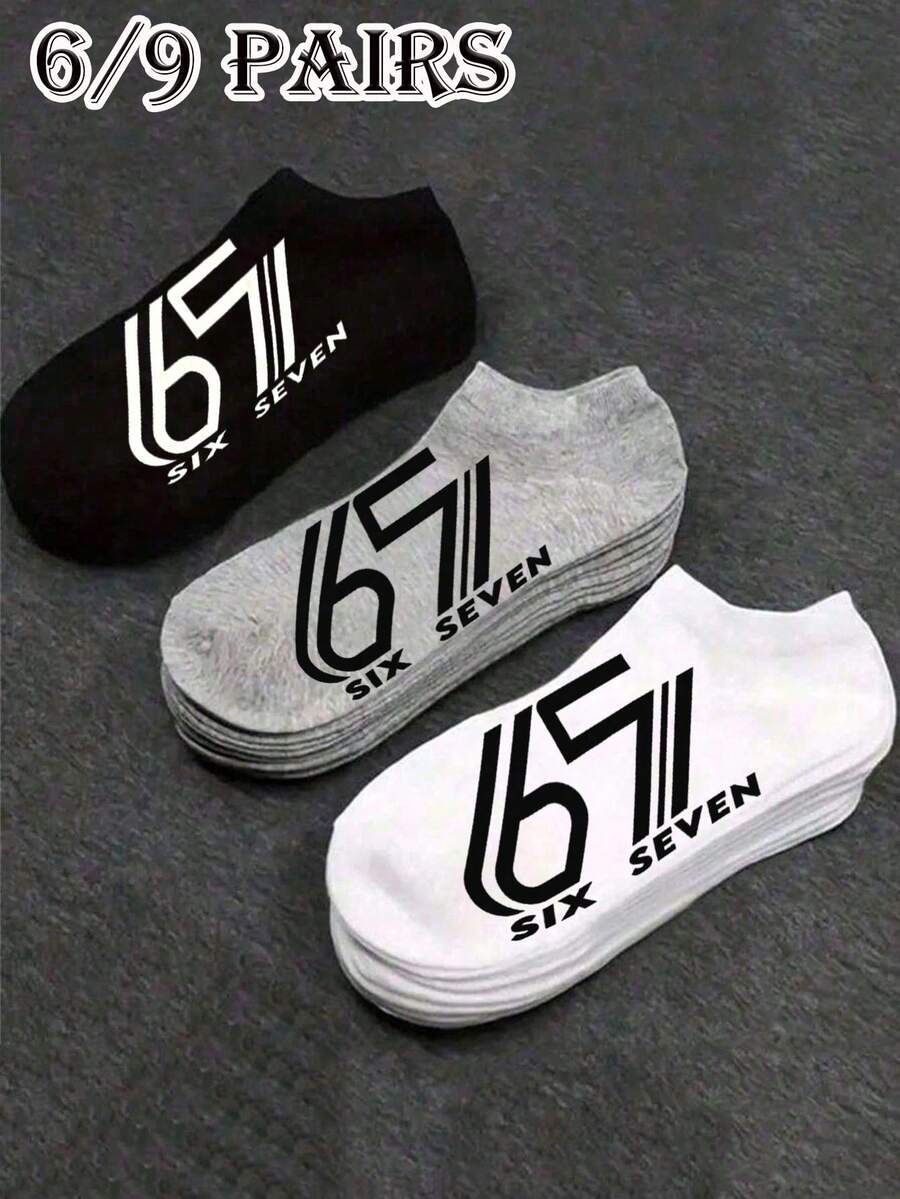 6/9 pares de calcetines cortos para mujer con patrón divertido de número "67", diseño de número, divertidos & locos, calcetines cortos retro hip-hop, adecuados para usar en primavera/verano, - Multicolor - Ver 1