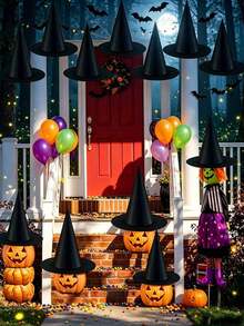 6pcs Halloween Witch Hat Hanging Decorations, 1pc 35m Fishing Line, Halloween Witch Costume Accessories, Halloween Indoor/Outdoor Party Decorations, Halloween Party Decor, Black Pointed Top Hat Decorations, Witch Hat Costume Props, With Fishing Line, Suitable For Indoor/Outdoor Halloween Party Decorations, Durable Weather-Resistant Haunted House And Garden Decorations - Multicolor - View 10