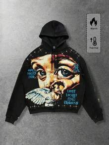 Street Life Spring Casual Graphic Men's Fashion Street Angel Print Zip-Up Drawstring Hooded - Black 4 - View 3