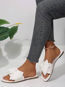 Women's Shoes For Vacation Wedding Summer Slides Sandals Bow Dress Flats Sandals Cute Round Open Toe Dressy Slippers Date Elegant Chic - White - View 6