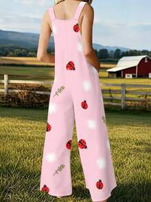 Ladybug And Flower Print Women's Adjustable Strap Jumpsuit, Polyester Fiber Fabric, Lightweight And Breathable, Women's Clothing - 彩色 - 查看 2