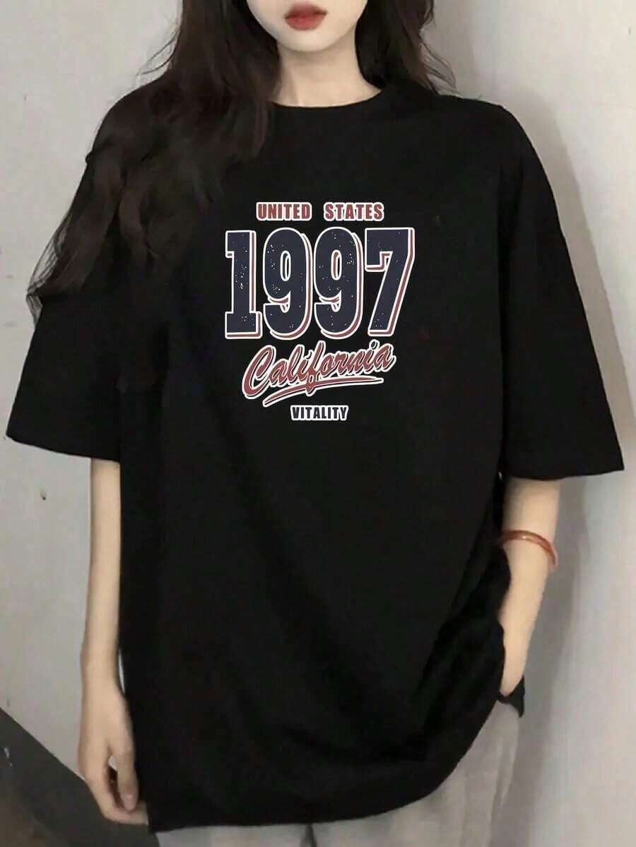 Blusa Camiseta de Verano de Algodón Puro Cuello Redondo Manga Corta Estampado de Dibujos Animados Ajustada Top Suave para Vacaciones y Paseos Ropa Básica camisas de mujer - Negro - Ver 1