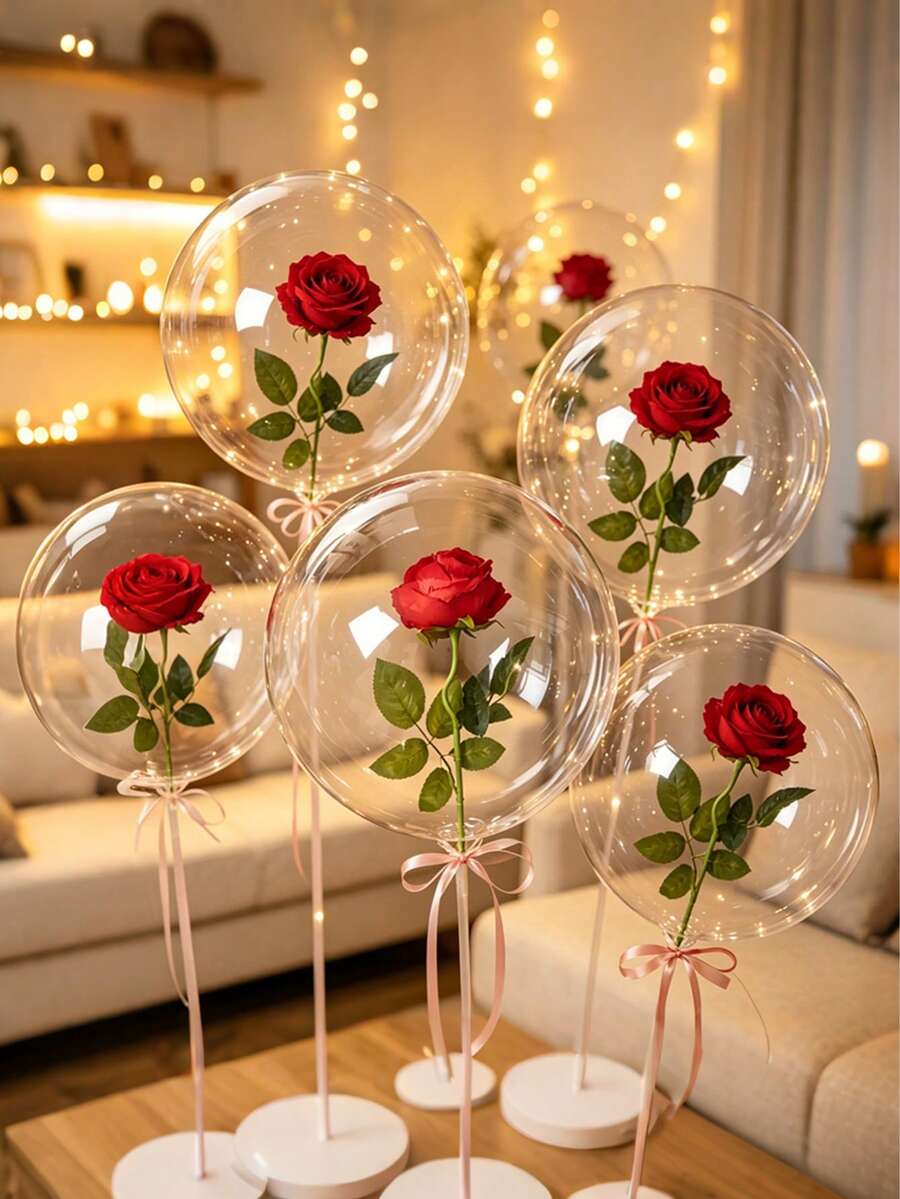 4-Piece Set Of Transparent Bubble Balloons And Elegant And Realistic Simulated Rose PVC Material - Helium Filled Decoration, Wedding And Birthday Decoration(Free Fishing Line Included, For Tying The Bottom Of Balloons) - Rose Balloon - View 1