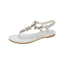 Women's Emerald Green Flat Sandals With Sparkling Rhinestones, Thimble Flip Flops With Elastic Back Strap, Elegant Shoes For Beach Parties And Casual Summer Wear - 白色 - 查看 1