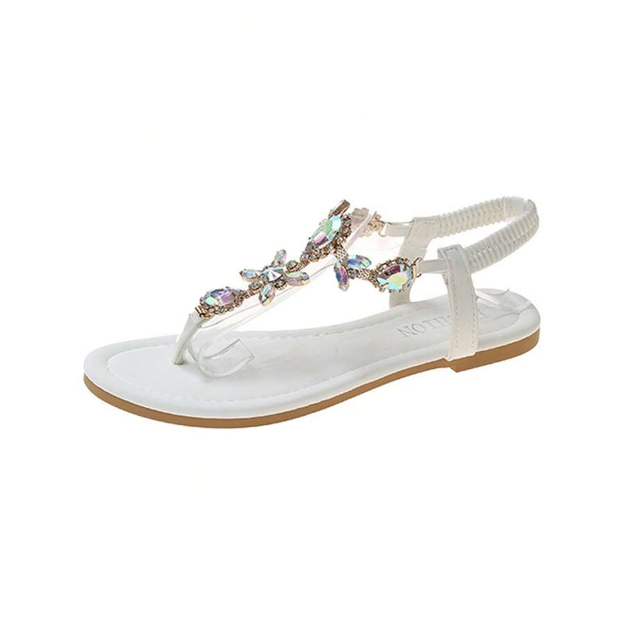 Women's Emerald Green Flat Sandals With Sparkling Rhinestones, Thimble Flip Flops With Elastic Back Strap, Elegant Shoes For Beach Parties And Casual Summer Wear - 白色 - 查看 1