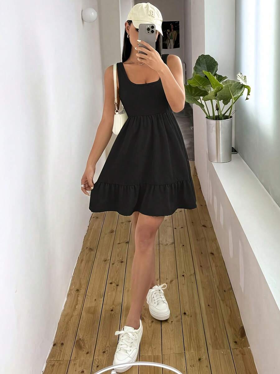 Women's Solid Color Vest Dress With Spliced Design - Black - View 1