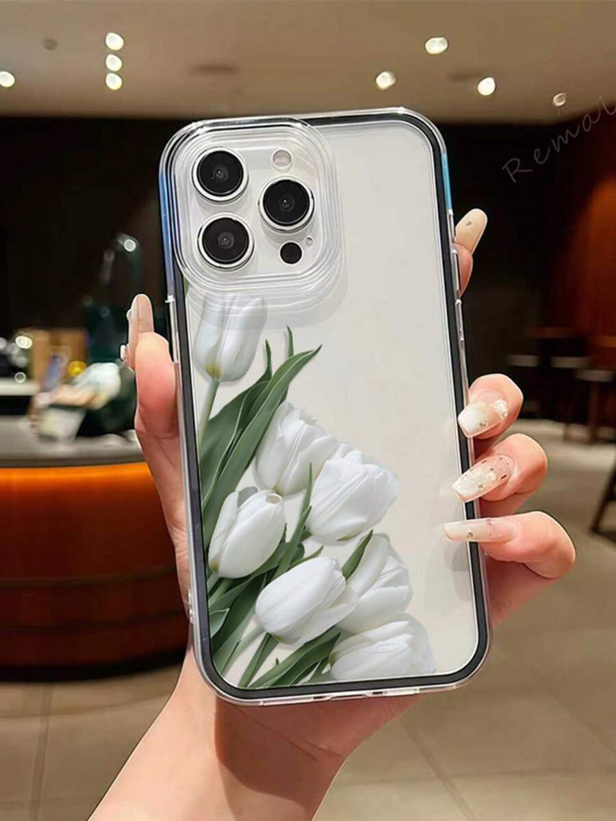 1pc Creative White Tulip Aesthetic Pattern 2-In-1 Black Frame Transparent Full Coverage Shockproof TPU Fashion Phone Case Compatible With Apple 11 12 13 14 15 16 17 Pro Max/Plus Shock-Absorbing Protective Cover - Multicolor - View 1