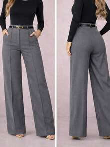Women's Tailored Pants With Belt Pockets Formal Pantaloons Simple Elegant Composite Fabric Zipper Pocket With Belt Women's Winter - 灰色 - 查看 1