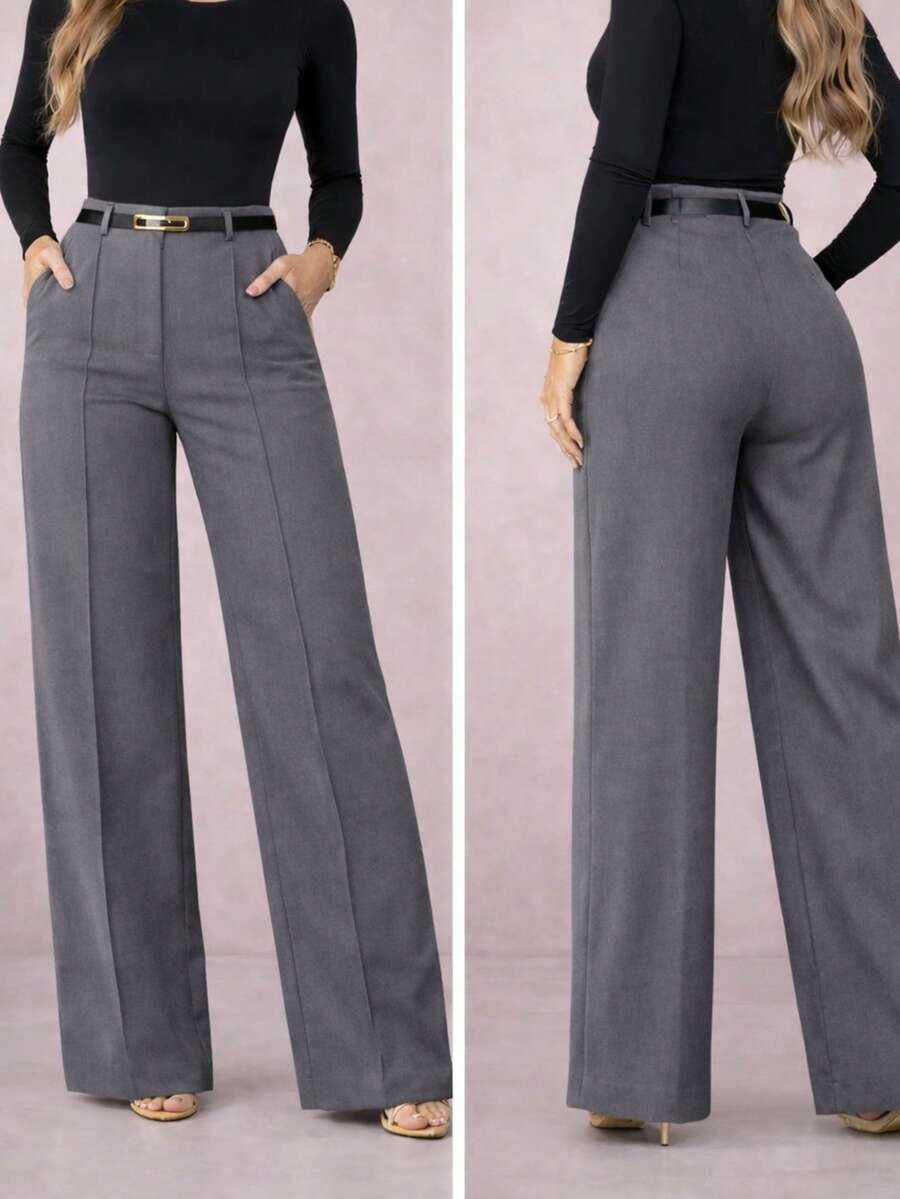 Women's Tailored Pants With Belt Pockets Formal Pantaloons Simple Elegant Composite Fabric Zipper Pocket With Belt Women's Winter - 灰色 - 查看 1
