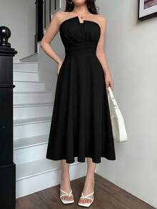 abyoxi 女款黑色無肩帶抓皺腰修身 A 字中長洋裝，優雅溫柔、休閒簡約，適合上班通勤、日常外出、約會、派對、度假，夏秋茶洋裝 - 黑色 - 查看 6
