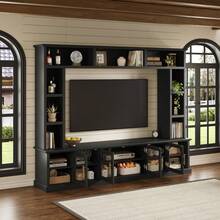 Entertainment Center Wall Unit For TVs Up To 80" All-In-One Modern TV Stand With Bookshelves And Tempered Glass Doors TV Console Unit With Shelving For Living Room Entertainment - 黑色 + MDF1 - 查看 2