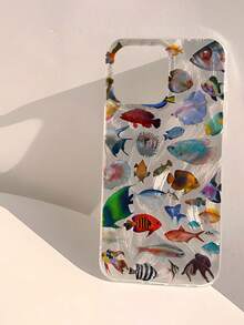 1 pieza Funda de teléfono minimalista con patrón de pez, impermeable, anti-huellas, anti-arañazos, transparente, IMD, suave, brillante y lisa, compatible con Apple 16/16 PLUS/16 PRO/16 PRO MAX - Multicolor - Ver 2