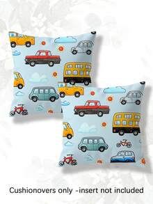 1/2pcs Vintage Cartoon Car And Bus Design Pillowcases With Zipper Closure - Perfect For Sofa, Bedroom, Patio Decor, Decorative Lumbar Pillow, Cushion Cover, No Pillow Insert - Foggy Sky, Light Blue - View 11