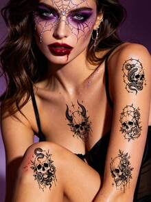 30pcs Black Skull Tattoo Stickers, Including Snake, Skull, Butterfly And Other Pattern Stickers, Temporary Realistic Tattoo Stickers, Waterproof And Long-Lasting Pattern Tattoo Stickers Suitable For Arms, Collarbones, Wrists And Other Body Parts - Black - View 4