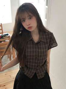 Kemeja Kasual Serbaguna Motif Kotak-kotak Desain Musim Panas untuk Wanita - Rust Brown - View 1