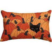 1PC Cute Black Cat In Orange Pumpkins Lumbar Pillow Cover, Fall Autumn Cartoon Kitty Rectangular Throw Pillow Case For Halloween Thanksgiving Farmhouse Sofa Home Decor - Orange - View 1