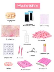 Professional Eyelash Extension Training Tool Set, Mannequin Head/Eyelash Mannequin Head, 0.07D Curl Mixed Eyelash Strips, Practice Tweezers, Beginner Eyelash Training Set (Pink) - Baby Pink - View 2