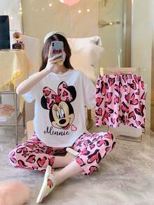 Disney 迪士尼米妮老鼠浴袍與睡衣套裝，短袖上衣 + 長褲 + 短褲，休閒居家服，可愛愛心印花睡衣，柔軟透氣家居服，迪士尼迷米妮老鼠印花睡衣套裝夏季睡衣，圓領短袖 - 彩色 - 查看 1