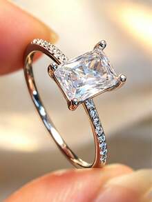 1 chiếc nhẫn cưới/đính hôn hình vuông bằng bạc Sterling S925 đính đá Cubic Zirconia, món quà trang sức thanh lịch và sang trọng để đeo hàng ngày dành tặng nàng. - Bạc - Xem 4