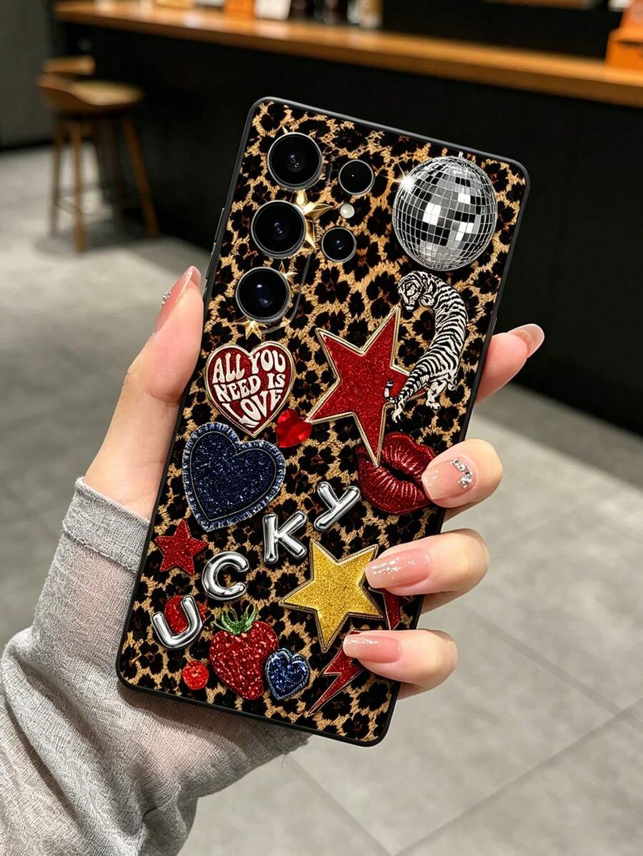 1pc Luxury American Vintage Leopard Print Design Black Perforated Soft Shell Phone Case, Compatible With Galaxy S26Ultra/S26+/S26/S25Ultra/S24Ultra/S23Ultra/S22Ultra/A71/A07/A17/A37/A57/A56 Models, Comfortable Grip, Versatile For Shopping, Dating, Afternoon Tea, Summer Outings, Student Daily, Graduation Season, Vacation Season, Back To School, Commuting, Summer Fashion Phone Case - Black - View 1