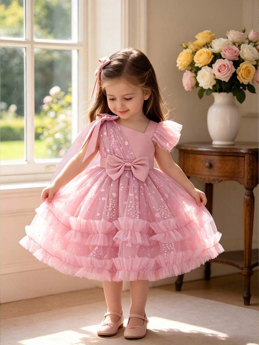 Baby Girls Solid Color Mesh Heart Pattern Bow Cute Birthday Puff Princess Dress, Suitable For Party, Holiday, Wedding, Excluding Headband - Dusty Pink - View 1