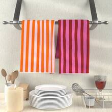 2pcs Pink & Yellow Color Block Printed Kitchen Dish Cloths, Household Kitchen Cleaning Cloths, Machine Washable, Reusable, Housewarming Home Decor Gift, Kitchen Accessories - Multicolor - View 2