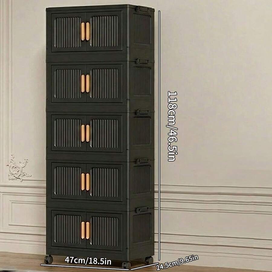 47cm Wide Stackable Storage Boxes With Wheels, Dustproof Storage Shelf, Foldable Plastic Cabinet, Freely Combinable & Stackable, 3/4/5 Tiers, Space-Saving Freestanding Shelf For Wardrobe, Bedroom, Kitchen, Office - View 1