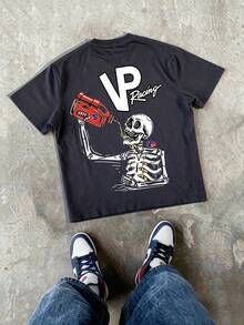 Men's T-Shirt With Double-Sided Skeleton Racing Print, 180g Cotton T-Shirt, Casual Streetwear Style, Unisex Short Sleeve - 灰色 - 查看 1
