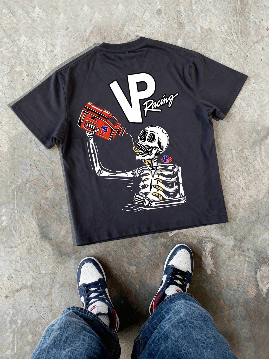 Men's T-Shirt With Double-Sided Skeleton Racing Print, 180g Cotton T-Shirt, Casual Streetwear Style, Unisex Short Sleeve - 灰色 - 查看 1