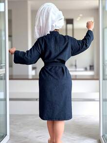 UNISEX BATHROBE, WIDE AND LONG, EXCELLENT ABSORPTION, MICRO-TOWEL FABRIC (COTTON WITH MICROFIBER) - Navy Blue - View 4
