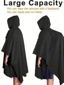 Hooded Rain Poncho, Waterproof Raincoat, Lightweight, Unisex, Suitable For Hiking, Camping, And Emergencies, Adult Sizes For Men And Women - 黑色 - 查看 1