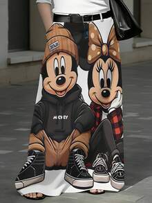 Disney, Mickey And Minnie Mouse Cartoon Print With Hoodie And Sneakers Design, No Waistband Midi Skirt, For Casual Outings And Streetwear Style - 彩色 - 查看 2