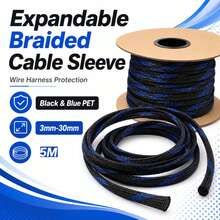Black & Blue Expandable Braided Cable Sleeving, Flexible Weave Auto Wire Harness Wrap, 3mm-30mm Diameter Cable Protector - A - View 1