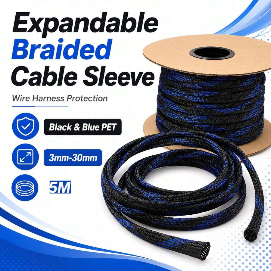 Black & Blue Expandable Braided Cable Sleeving, Flexible Weave Auto Wire Harness Wrap, 3mm-30mm Diameter Cable Protector - A - View 1