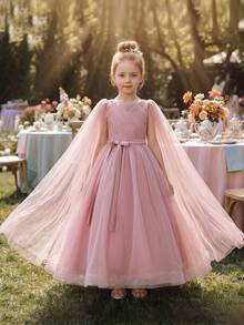 Tween Girl Pink Long Gown Dress With Sheer Cape, Flower Girl Dress For Wedding, Birthday Party - Pink - View 8