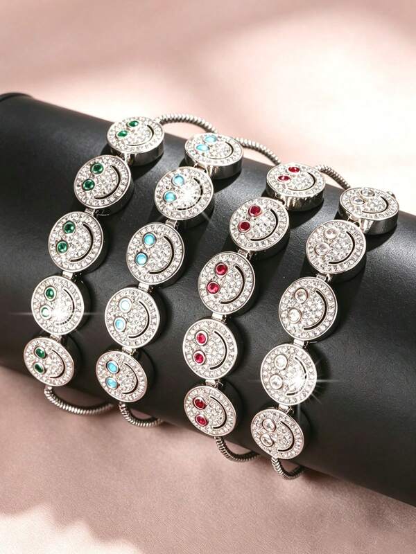 1 chiếc vòng tay điều chỉnh được đính đá toàn bộ mặt cười tròn phong cách Ins, khảm đồng nạm đá Cubic Zirconia đa sắc vi đính, trang sức tay nữ tính tinh nghịch đa năng cho đi làm hàng ngày và hẹn hò