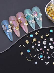 海洋美人魚美甲裝飾套組，幻彩天然鮑魚殼碎片與金色合金海星貝殼珍珠水鑽美甲飾品，亮面貝殼碎片，適用 DIY 壓克力美甲與手工穿戴式美甲，夏季海灘美甲沙龍 DIY 用品 - 彩色 - 查看 5