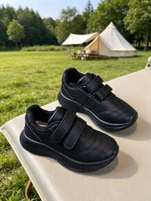 Lightweight Comfortable Kids' Leather Casual Sports Shoes, Non-Slip Solid Color Slip-On Athletic Shoes For Boys And Girls Students - Black - View 2